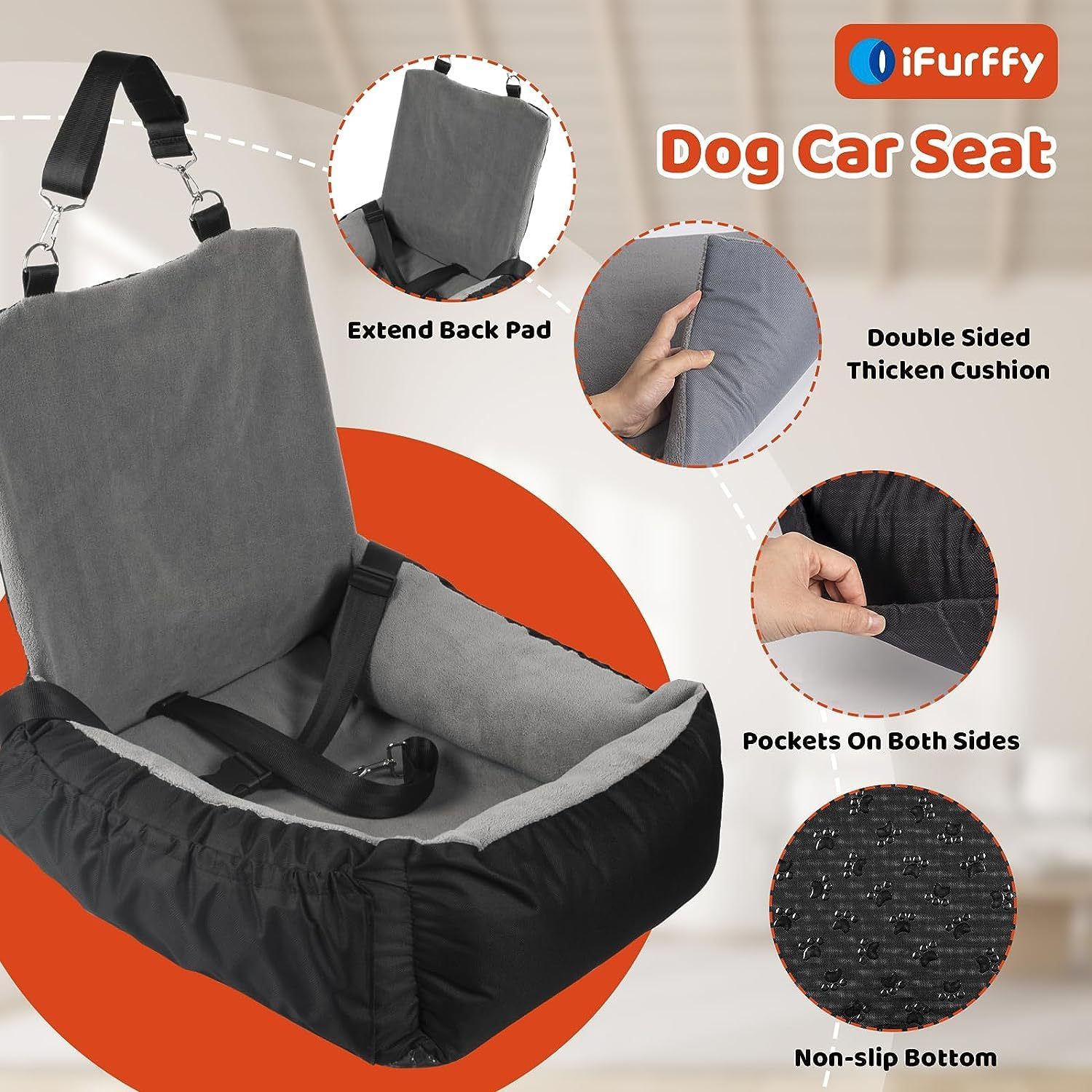 Dog Car Seat – Grey Booster Seat with Safety Leash & Storage