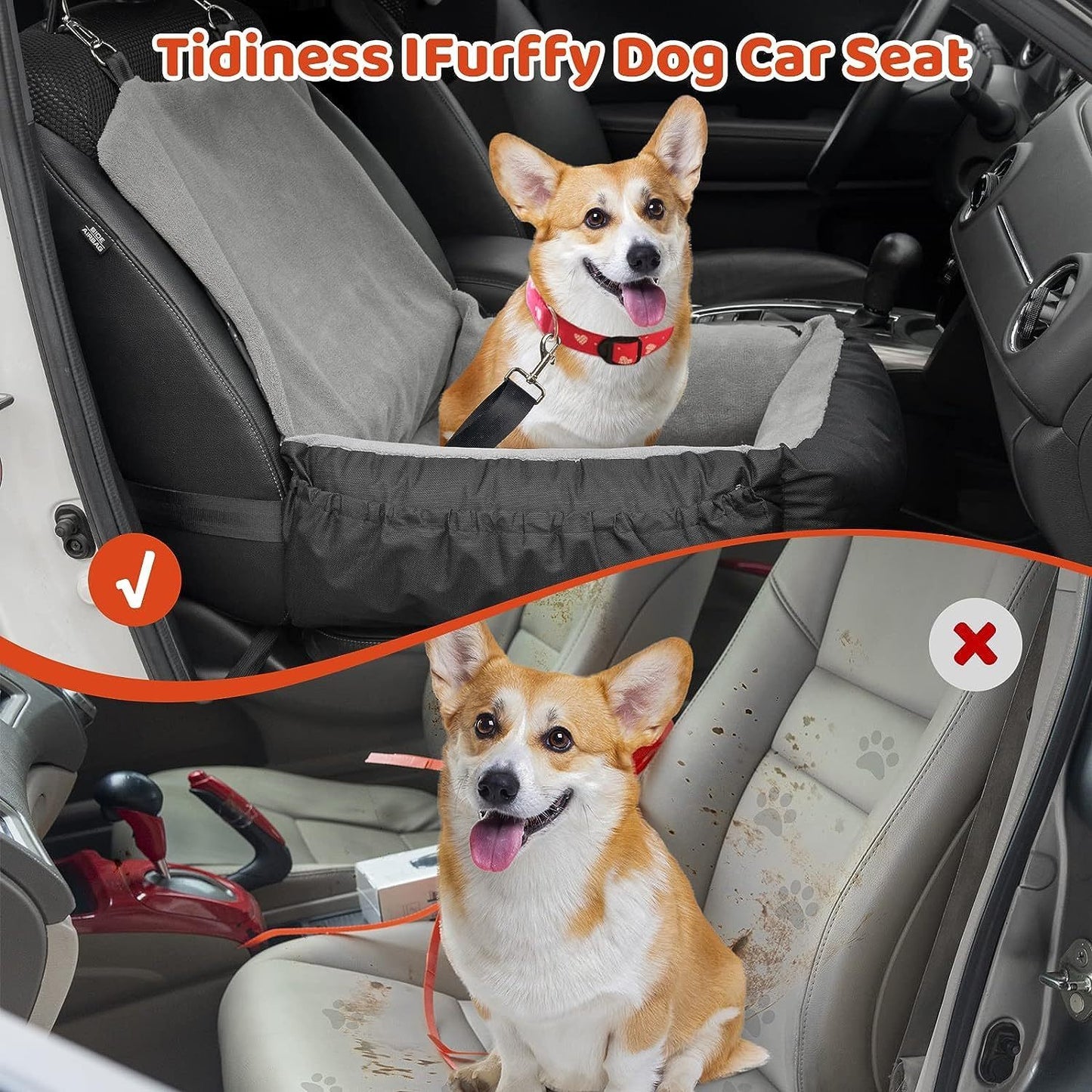 Dog Car Seat – Grey Booster Seat with Safety Leash & Storage