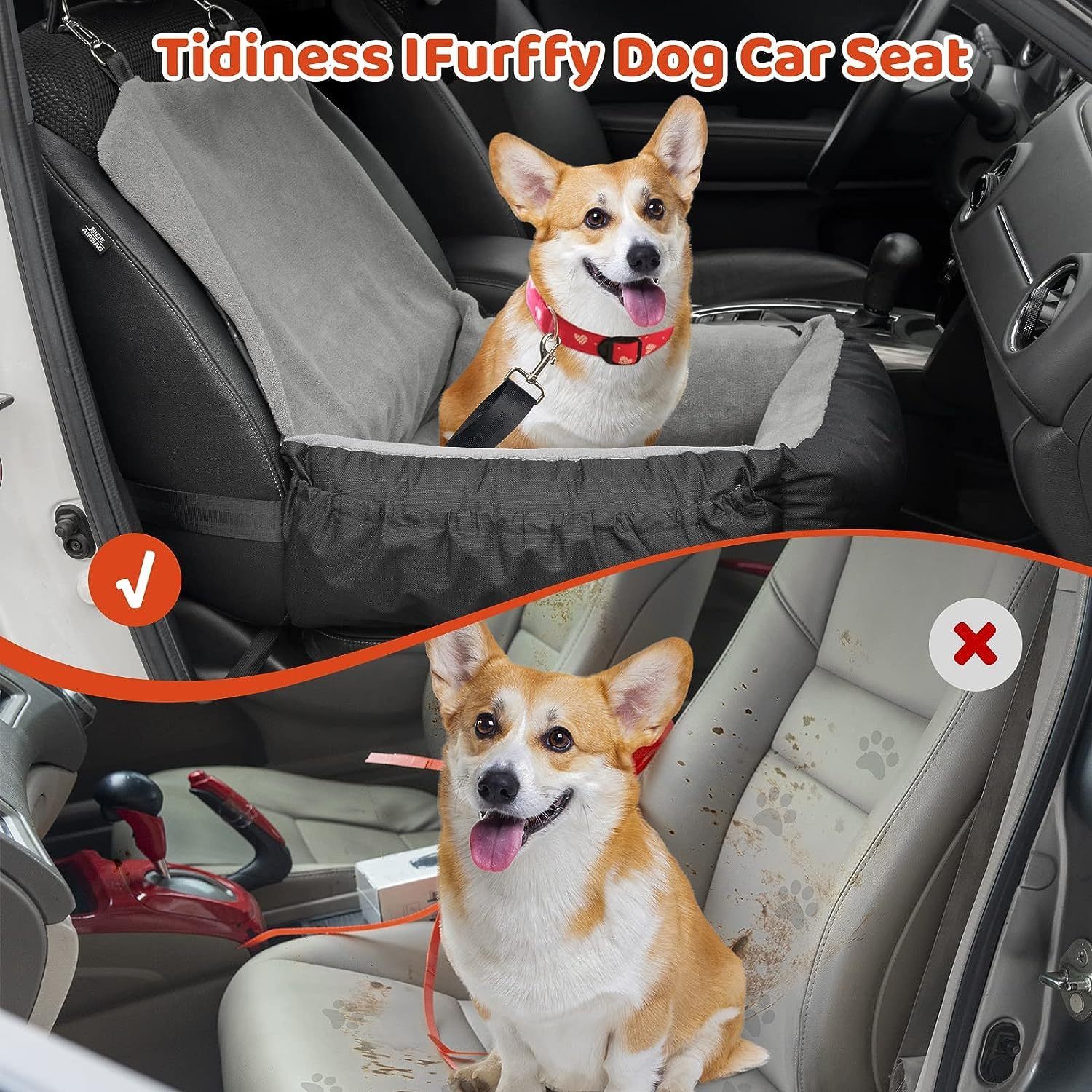 Dog Car Seat – Grey Booster Seat with Safety Leash & Storage