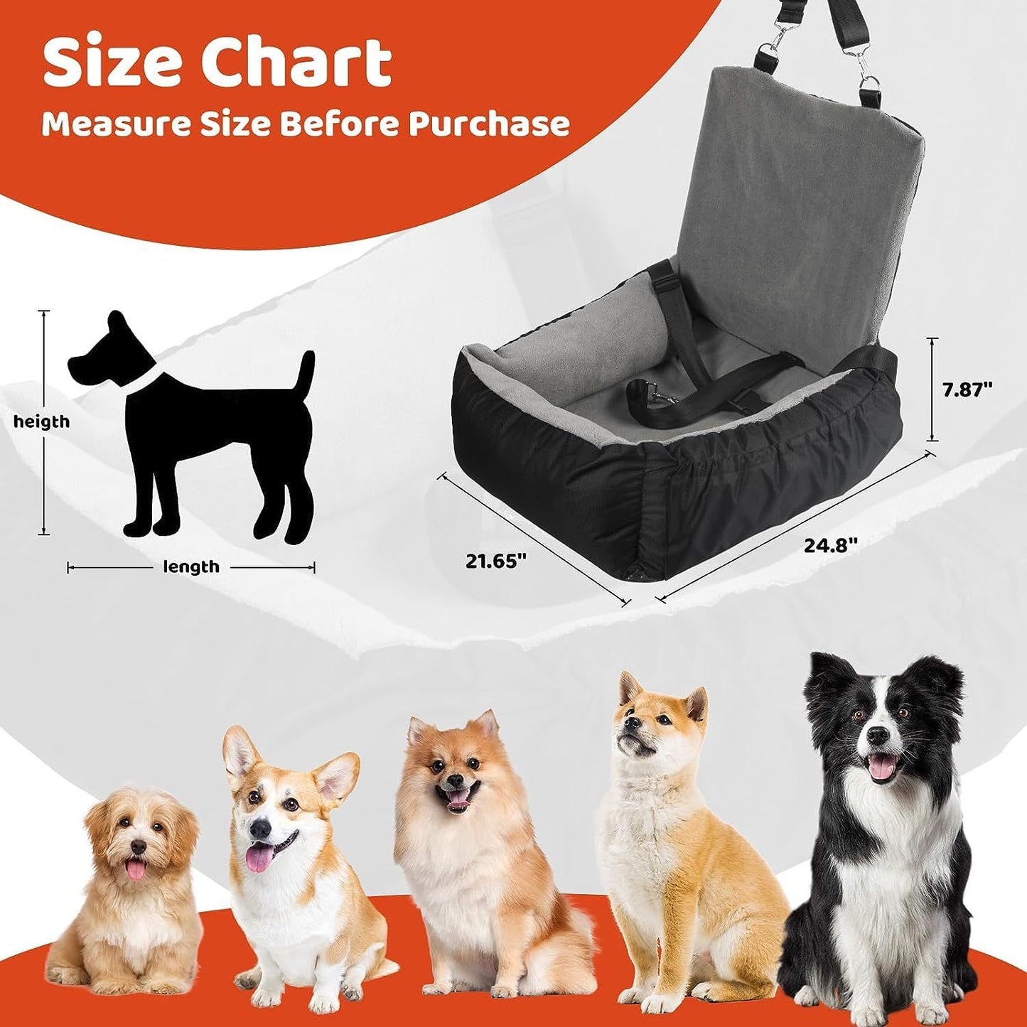 Dog Car Seat – Grey Booster Seat with Safety Leash & Storage