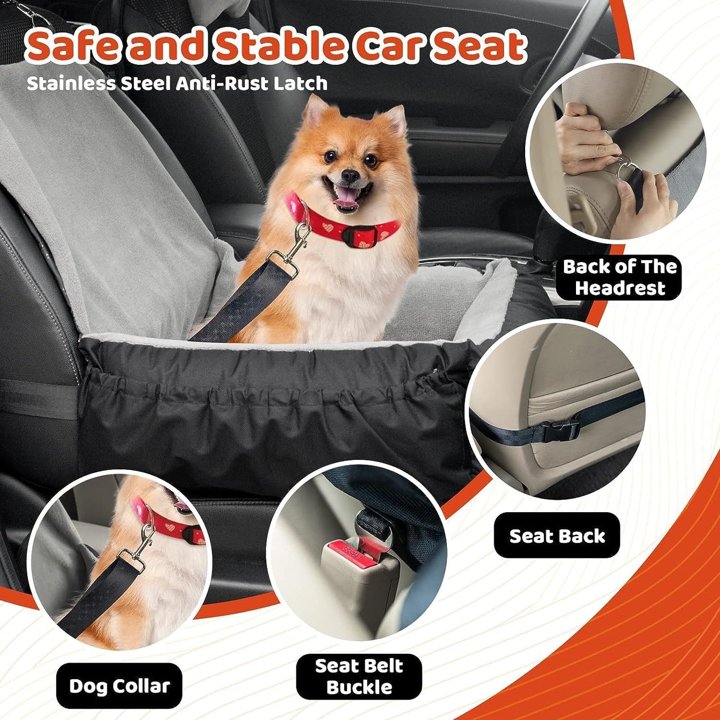 Dog Car Seat – Grey Booster Seat with Safety Leash & Storage